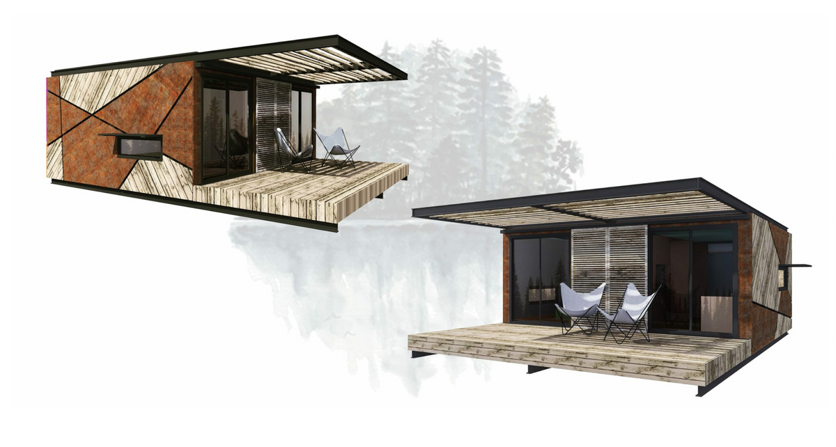 Perspective 3D de deux modules containers, façade en acier corten et large terrasse en bois