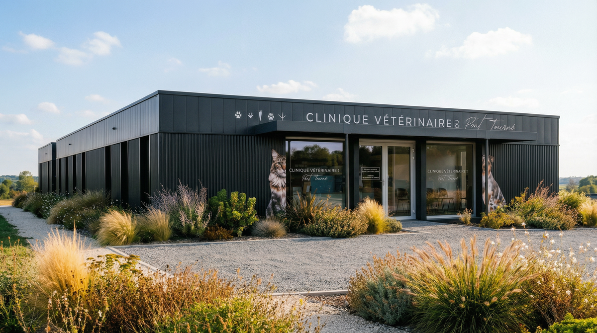 Clinique vétérinaire construite en containers maritimes, bardage métallique noir et massifs de graminées à l'entrée