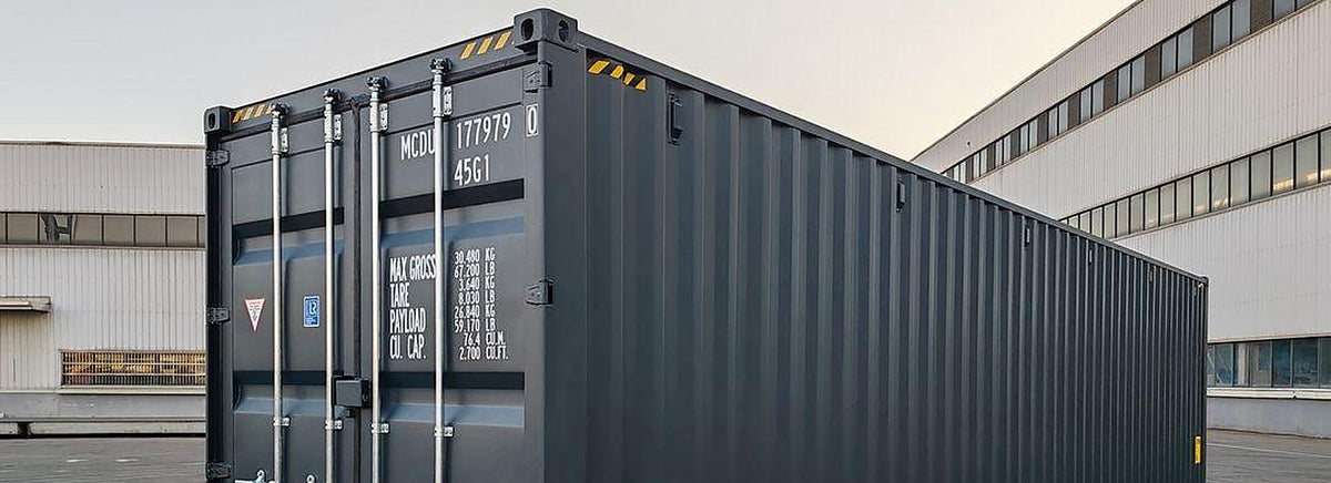 Container maritime 40 pieds High Cube neuf de couleur gris anthracite, portes avant fermées avec leurs barres de verrouillage, vue de trois quarts