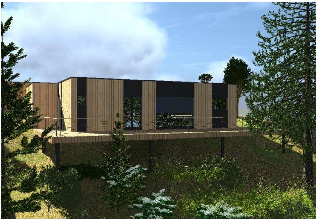 Perspective d'étude de la maison container de Léguevin, volume bas en bardage bois posé au-dessus d'un terrain en pente