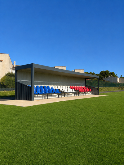 Tribune simple en container de 61 places au bord d'un terrain engazonné, toit plat anthracite et sièges bleus, blancs et rouges